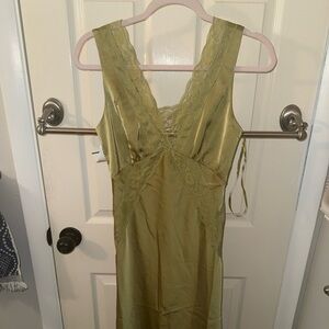 Olive Green Lace-Trim Satin Dress